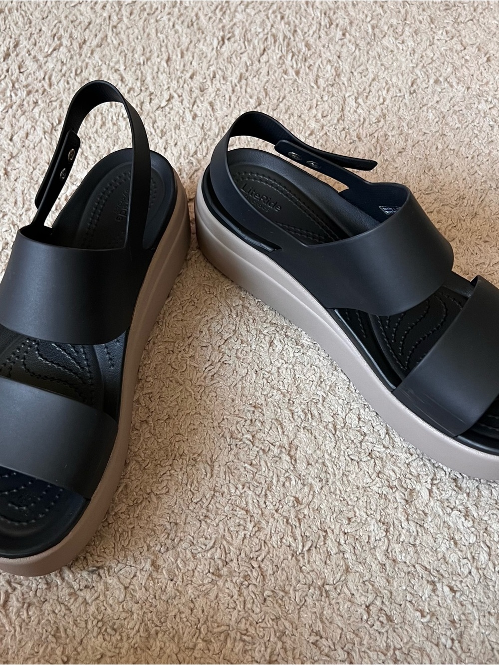 CROCS Black Platform Slingback Sandals with Beige Sole